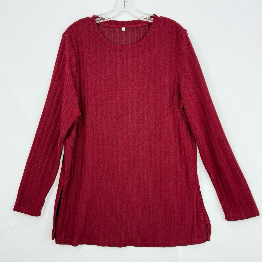 Women’s Red Ribbed Long Sleeve Tunic Top Size L Stretch Knit w/ Side Slits